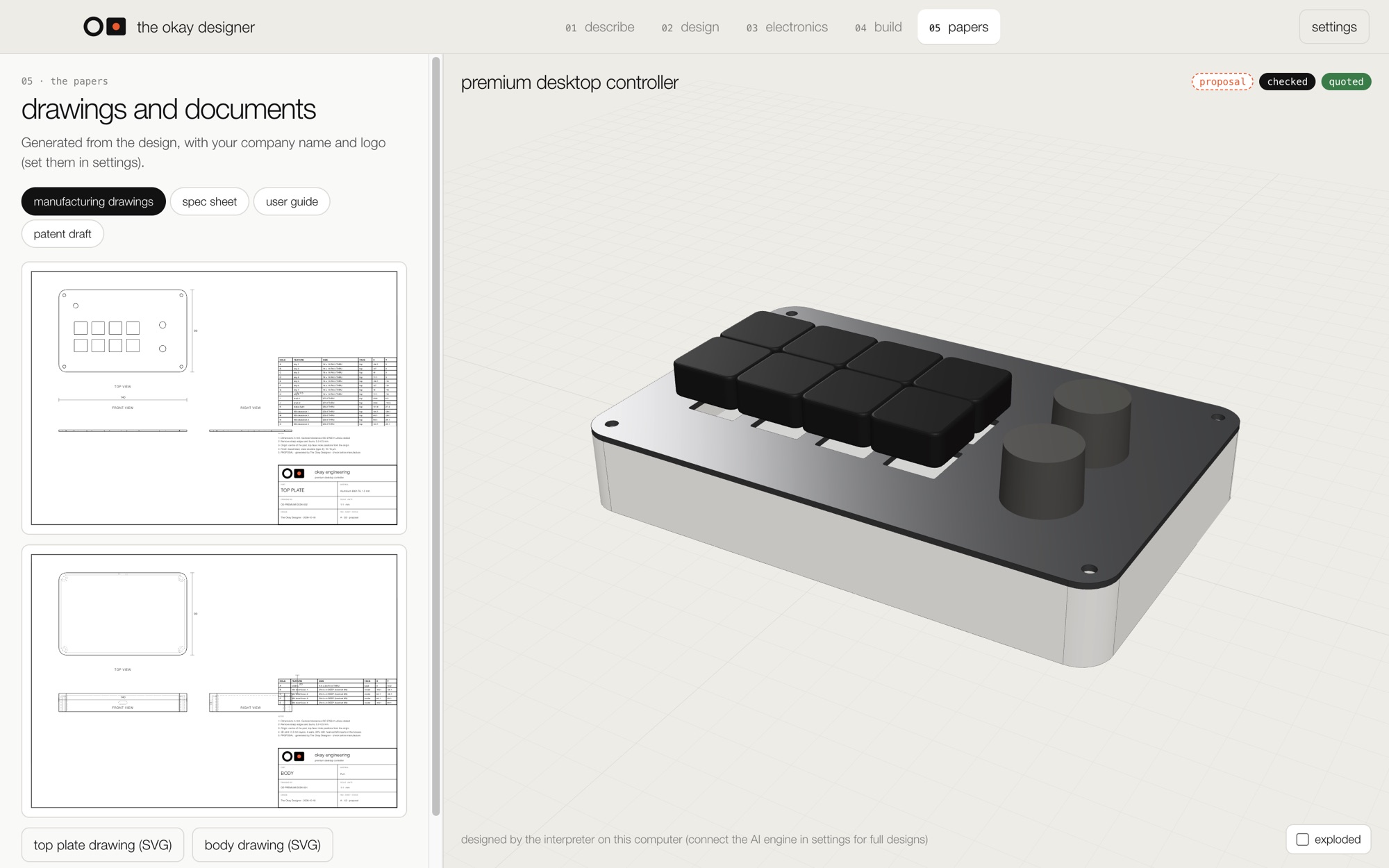 The papers step: an A3 manufacturing drawing with views, dimensions, a hole table and a title block.